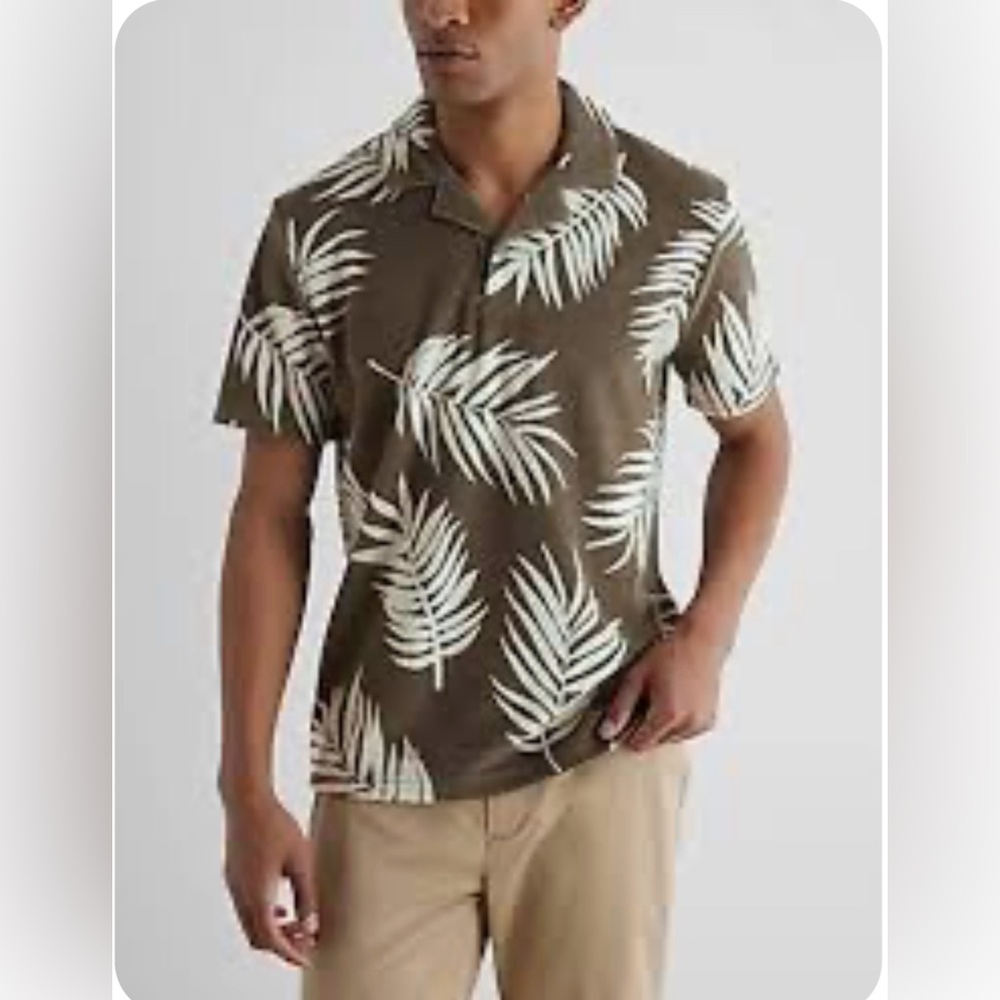 Express Men’s Palm Leaf Print Shirt - Size Small - Olive Green